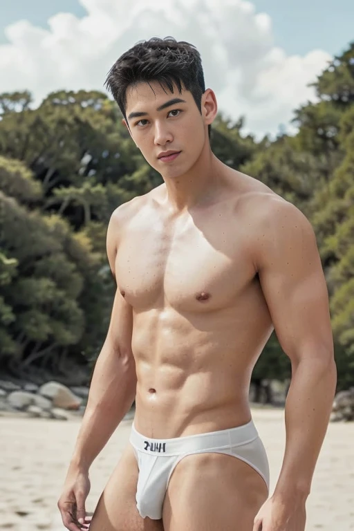 1人，A handsome 20-year-old man，Toned body，Sharply defined，Be well-exercised，Protruding muscle striae，Full muscles，Healthy complexion，Confident posture，On the beach，full bodyesbian，gentlesoftlighting，tmasterpiece，best qualtiy，8K  UHD，digital DSLR camera，film...