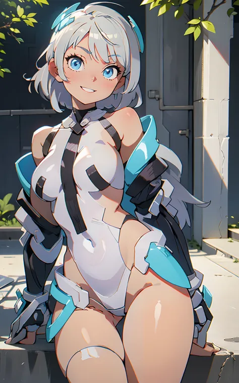 lightsmile, deva battle suit, Outdoors, Silver hair, bobhair, Blue eyes, waist shot