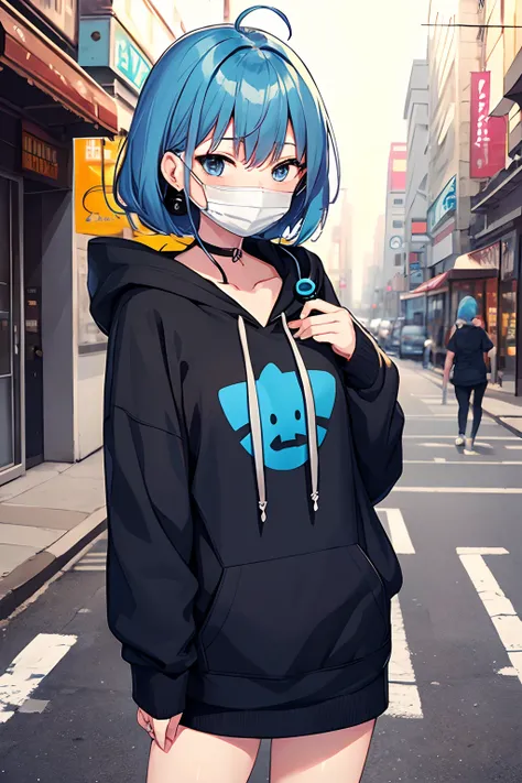 Anime girl with blue hair, Cat-designed masks, Hoodie, Earphone, under a neon, Streets