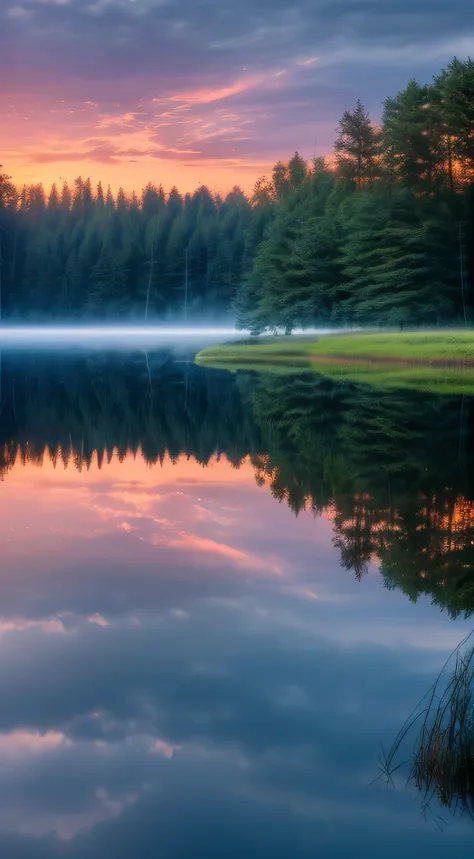 Wallpaper, summer, lake, dawn, forest, clouds, dawn background, depth of field, HD detail, hyperdetail, cinematic, soft light, deep field focus bokeh, ray tracing, diffuse (ultra-fine glass reflection) and realism. --v6