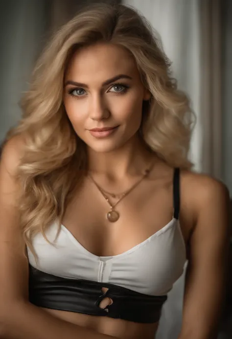 arafed woman with a white tank top and a necklace, sexy girl with green eyes, portrait blonde hair and large eyes, selfie of a young woman, bedroom eyes, looking directly at the camera, face with artgram, stunning full body shot, beautiful angle, attractiv...