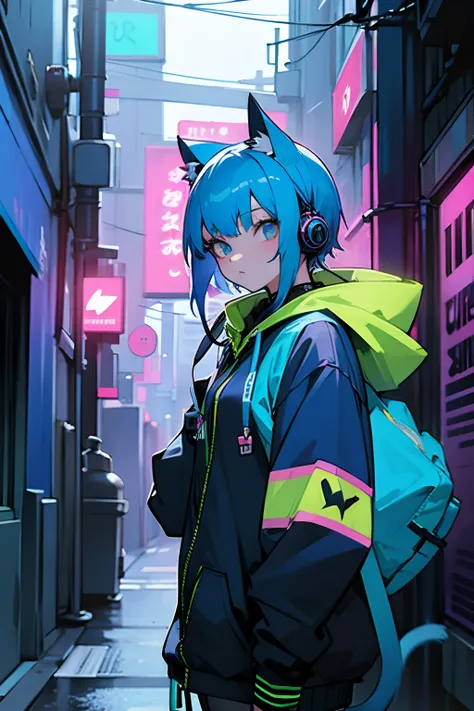 Anime girl with blue hair, Cat-designed masks, Hoodie, Earphone, under a neon, Streets