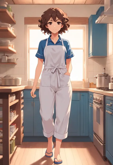 Curly Haired Mom，Brown eyes，Clothes wearing a blue apron， Standing all over the body, wearing white trousers and slippers