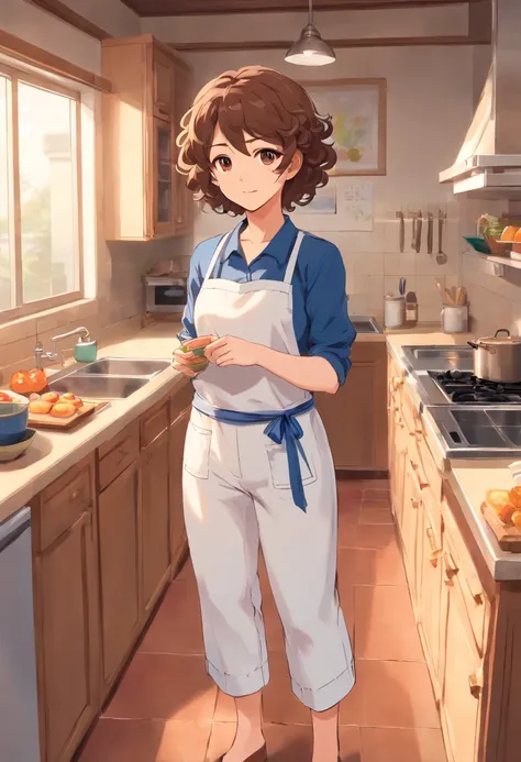 Curly Haired Mom，Brown eyes，Clothes wearing a blue apron， Standing all over the body, wearing white trousers and slippers