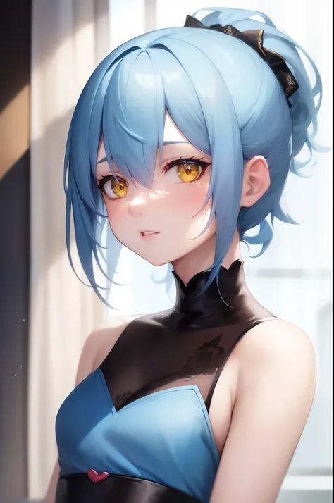 anime girl with blue hair and yellow eyes in a blue dress, anime moe artstyle, rem rezero, anime style 4 k, short blue haired woman, digital art on pixiv, rin, trending on artstation pixiv, detailed portrait of anime girl, (anime girl), beautiful anime por...