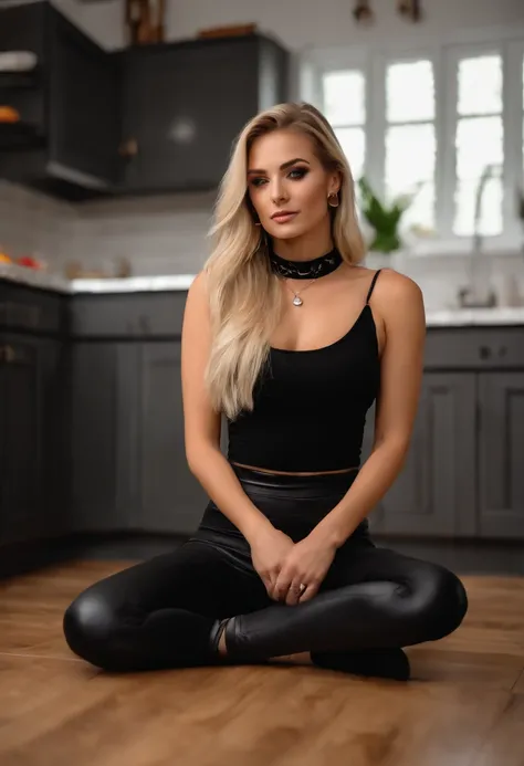 beautiful 25 years old woman, in modern kitchen, long blonde hair, beautiful face, makeup, wearing leggings, blaCK tank top, earrings, black leather choker, thigh gap, on her knees, on the floor