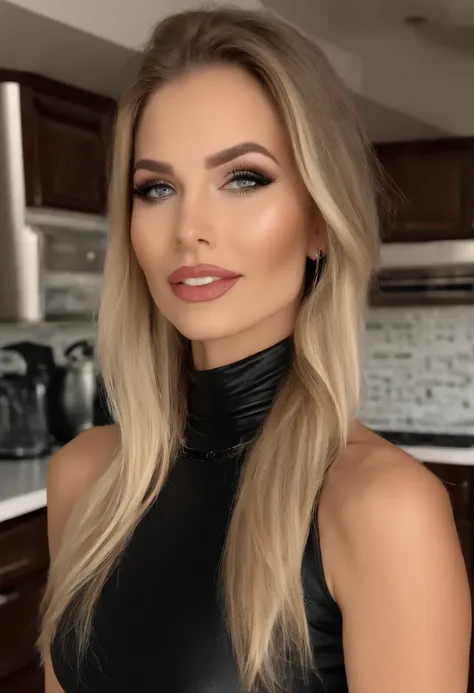 beautiful 25 years old woman, in modern kitchen, long blonde hair, beautiful face, makeup, wearing leggings, blaCK tank top, earrings, black leather choker, thigh gap