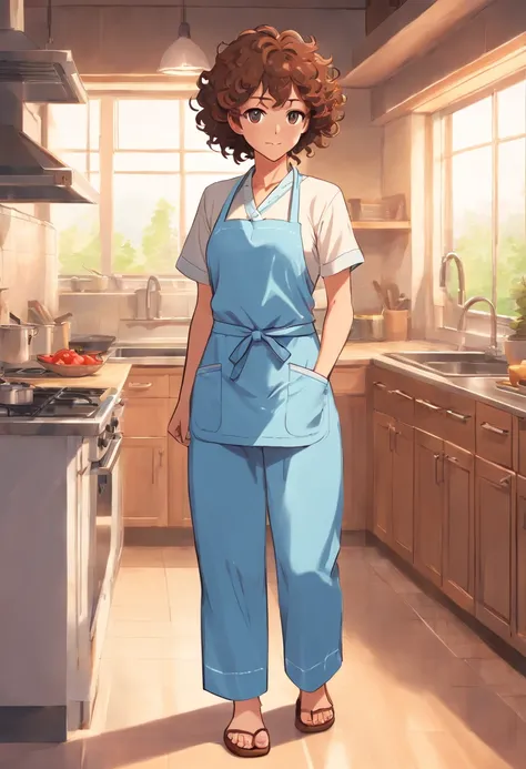 Curly Haired Mom，Brown eyes，Wearing a blue apron and white clothes， Standing all over wearing long pants and slippers