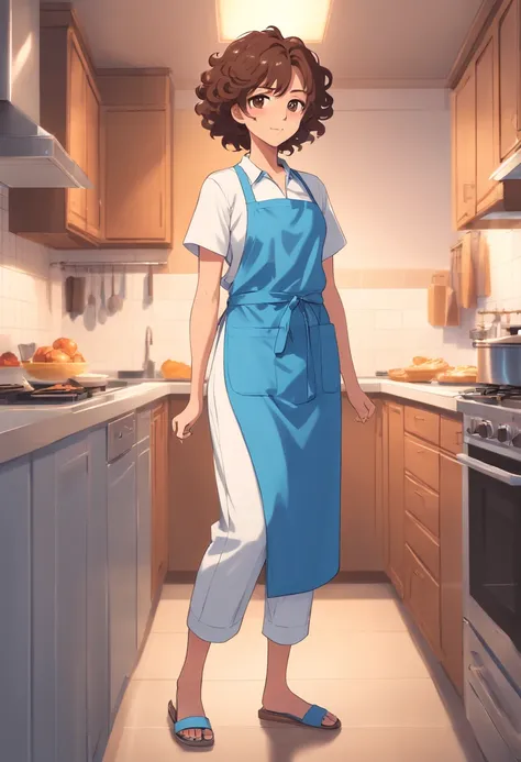 Curly Haired Mom，Brown eyes，Wearing a blue apron and white clothes， Standing all over wearing long pants and slippers