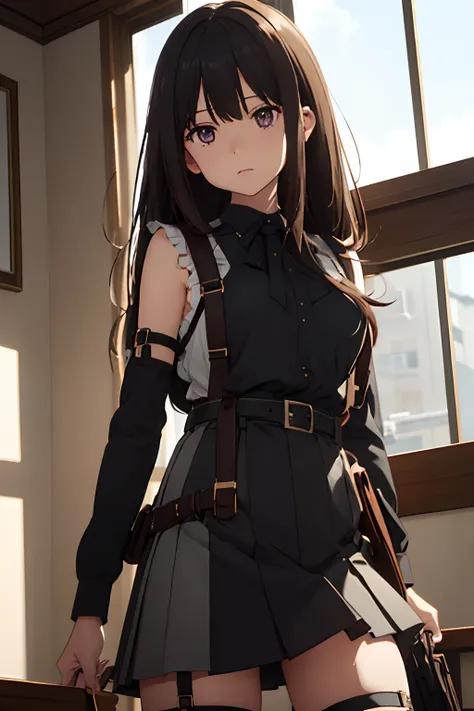 ​masterpiece、flat-colors、depth of fields、lens flare 1 girl、、Brown hair、watching at viewers　　　black suspenders　　　bulging big breasts　　　 　 Armpit sweat　perspiring　Side of both hands　　walls: 　Black miniskirt　garterbelts　　　　　　Gaze　　　Small face　Bangs Upper Eyes...