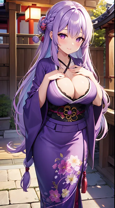 1 girl, game CG, purple kimono, hair ornament, gigantic breasts, light purple hair, long hair, french braid, purple eyes, Japanese shrine, pov, happiness, close one eye,