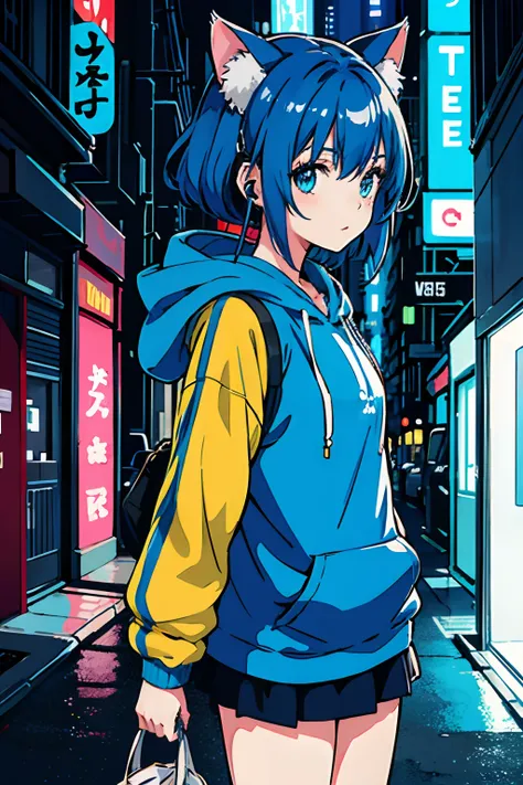 Anime girl with blue hair, Cat-designed masks, Hoodie, Earphone, under a neon, Streets