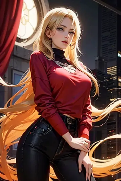 erica blundelli, blonde woman in casual clothes in red and black colors.