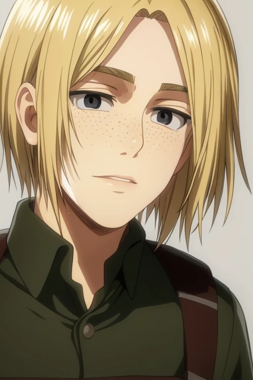 1boy, teenage boy, closeup, solo, slight lips, masterpiece, (blonde hair), (sidelocks), black eyes, freckles, scouting uniform, aot style, round eyes, proper anatomy