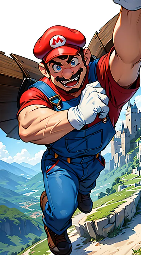 (masterpiece), (bestquality) supermario, blue overalls, red shirt, red cap, smiling, 1boy, short man, little man, short legs, sh...