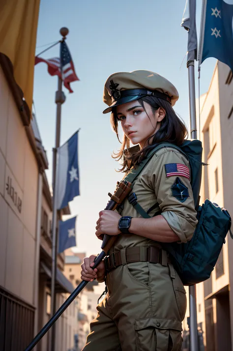 arafed soldier with a backpack and a flag on a pole, a portrait by Douglas Shuler, pexels, fine art, israel, flag in his right hand, wonderful masterpiece, edited, accurate portrayal, military flags, accurate depiction, flag in hands up, great masterpiece,...