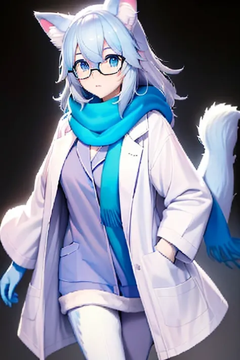 Anime character with arctic fox ears wearing blue lab coat and scarf,Arctic fox with cute blue fur and tail,Wear mid-rimmed glasses,Beauty of arctic fox in lab coat, Cientista da Raposa, desenho peludo profissional，apenas uma cauda