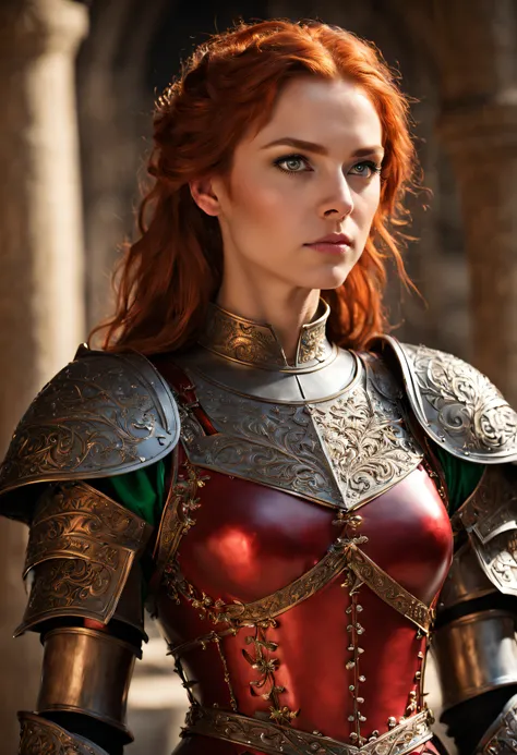 young woman, fit, athletic, red hair, green eyes, in red medieval armor, wide angle shot, intricate detailed, perfect face, detailed pupils, perfect anatomy, sharp focus, insanely detailed, realistic, detailed, sharp, fine and precise, delicate lines, comp...