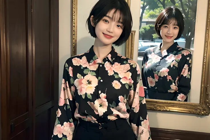 93
(a 20 yo woman,is standing), (A hyper-realistic), (masutepiece), ((short-hair:1.46)), (Smooth black hair), wear long pants, (Wearing a long-sleeved shirt with a floral print), (painterly、picture frame), (Gentle smile), (Keep your mouth shut)