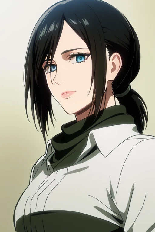 1girl, solo, masterpiece, lips, mature woman, (black hair), round blue eyes, (highlights in eye), (ponytail), bangs, eyelashes, wearing green scarf, soldier outfit, sidelocks, beautiful, aot style