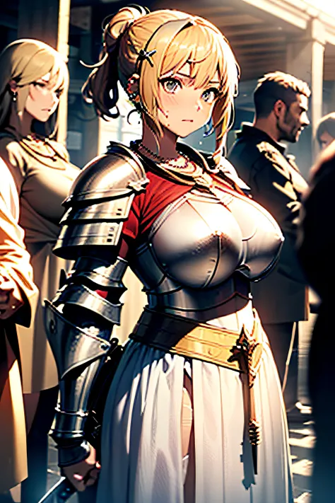 (((Armor and sword of Joan of Arc:1.3))),(((Ancient Western Landscapes:1,3))),(((Armed Girls in Europe:1.3))),(((Enhance your movements with a sword with a motion blur effect:1.3))),(beautiful a girl),Red pleated skirt,breast slip,(blondehair,Ponytail twis...