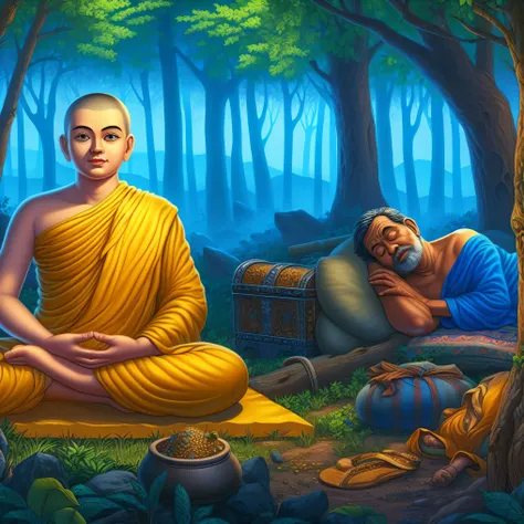 painting of a monk and a sleeping man in a forest, buddhism, monk meditate, buddhist monk meditating, on path to enlightenment, ...