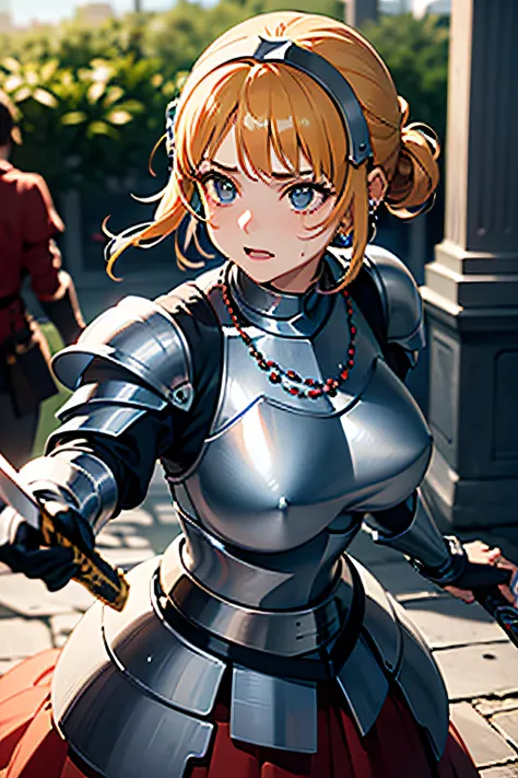 (((Armor and sword of Joan of Arc:1.3))),(((Ancient Western Landscapes:1,3))),(((Armed Girls in Europe:1.3))),(((Enhance your movements with a sword with a motion blur effect:1.3))),(beautiful a girl),Red pleated skirt,breast slip,(blondehair,Ponytail twis...