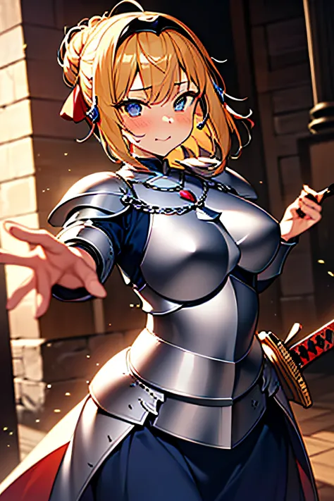 (((Armor and sword of Joan of Arc:1.3))),(((Ancient Western Landscapes:1,3))),(((Armed Girls in Europe:1.3))),(((Enhance your movements with a sword with a motion blur effect:1.3))),(beautiful a girl),Red pleated skirt,breast slip,(blondehair,Ponytail twis...