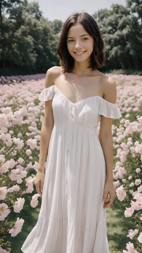 (jenna), Best quality, masterpiece, ultra high resolution (photorealistic: 1.4), raw photo, 1 girl, white dress, bare shoulders, field of pink flowers in bloom, glowing skin, slight smile