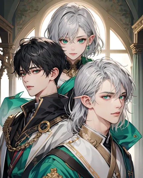 ​masterpiece、top-quality、超A high resolution、2D Bishonen、animesque、Teenage Boy、Elven ears、Silvery hair、short-haired、knights、Beautiful green eyes、The clothes are also depicted in detail、Eyes are depicted in detail、The face is depicted in detail、soio、Gentle s...