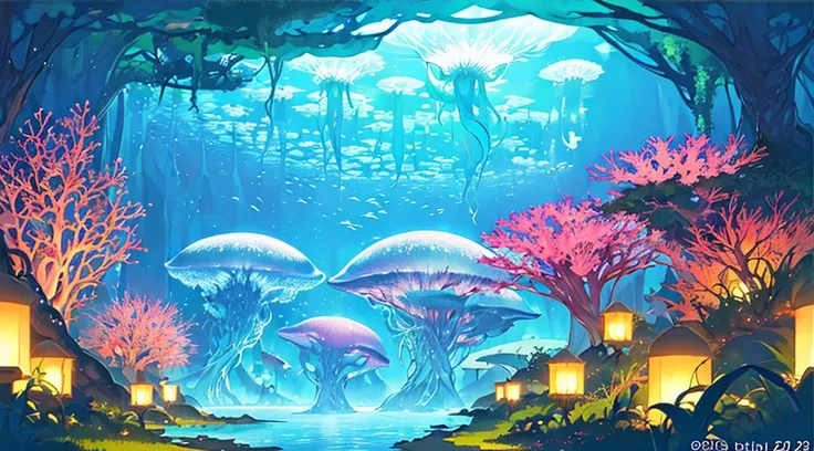 Masterpiece, High Quality, Ocean Forest, City, Fantastic Fantasy, Glowing Plants, Coral Viaduct, (Swarm of Glowing Jellyfish), (Shoal of Fish with Transparent Wings Flying in the Sky), Misty, Extreme Detail, Morning Light, Epic Composition, (Intricate Deta...