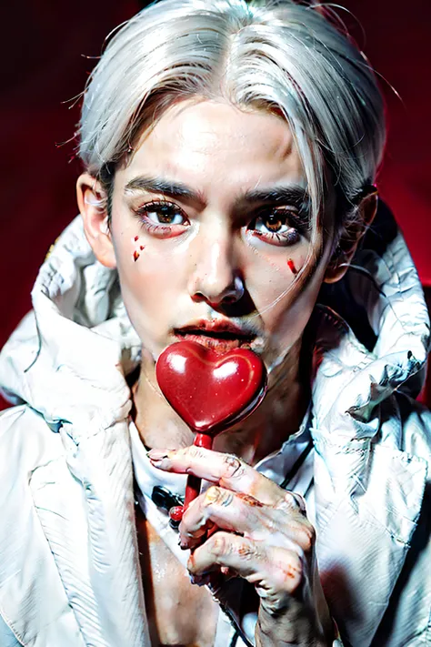 Boy, white hair with a few red parts, red eyes, looking at the camera, eating a heart-shaped candy