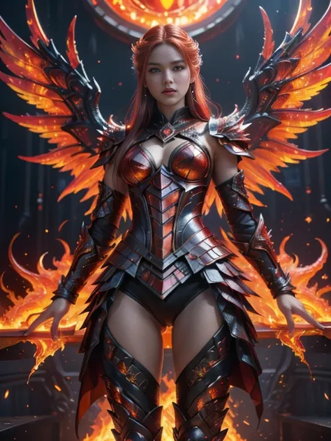 Super realistic image, NVIDIA RTX, super resolution, Unreal 5, Subsurface Dispersion, PBR Texturing, Post-processing, Maximum clarity and sharpness, Multi-layer textures, of (a very beautiful young angel of flaming fire, made of fire and incandescent flame...