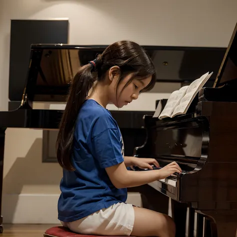 Draw a photo shows a 7 years old Asian girl from the side, sitting at a piano. She has long dark hair, tied back with pony tail, and is wearing a blue t-shirt with a white letter C on the back. She is seated on a black piano bench and appears to be playing...