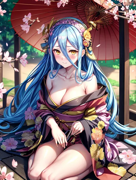 1girl, highres, masterpiece, solo, anime, absurdres, yellow eyes, azura (fire emblem), wariza, kimono, japanese clothes, oil-paper umbrella, sakura forest background, cherry blossoms,  slipping kimono, bare shoulders, revealing clothes, cleavage, facing vi...