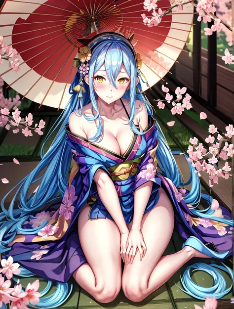 1girl, highres, masterpiece, solo, anime, absurdres, yellow eyes, azura (fire emblem), wariza, kimono, japanese clothes, oil-paper umbrella, sakura forest background, cherry blossoms,  slipping kimono, bare shoulders, revealing clothes, cleavage, facing vi...