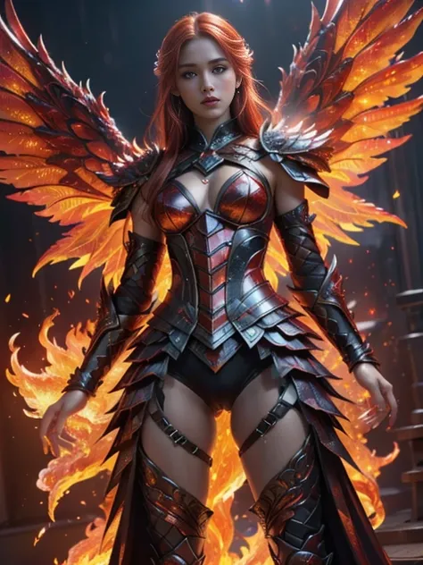 Super realistic image, NVIDIA RTX, super resolution, Unreal 5, Subsurface Dispersion, PBR Texturing, Post-processing, Maximum clarity and sharpness, Multi-layer textures, of (a very beautiful young angel of flaming fire, made of fire and incandescent flame...