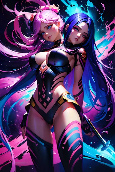 (masterpiece, best quality), best resolution, (2heads:1.5), 1girl, Woman with long light hair and bright makeup, perfect clear face, perfect anatomy, painting of a, Vivid neon ink painting, Vibrant digital painting, mecha suit, katana, Vibrant digital art,...