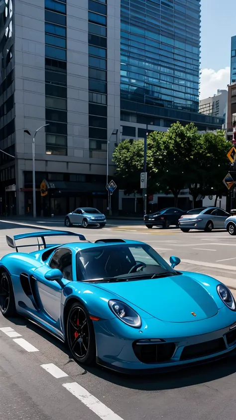 1 Blue Porsche Carrera GT with urban area background