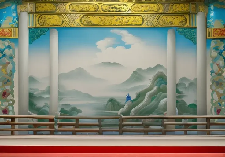 There is a painting on the wall of a building with red pillars, theatrical scenery, ceremonial clouds, Beautiful rendering of the Tang Dynasty，with ancient chinese aesthetic, beijing opera, theater stage