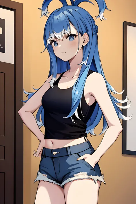 Wearing black tanktop, stand, in the room, denim shorts, small breasts, hand in pocket