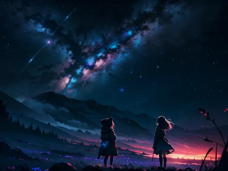 4K Landscape, Beautiful stars on the background, Looks like a dream, A sky that looks very beautiful, Hyper-Resolution, Perfect Lighting, Dark space, space photo, Extremely beautiful, Fantasy World, Little girl staring at the sky, dark ambiance, Perfect co...