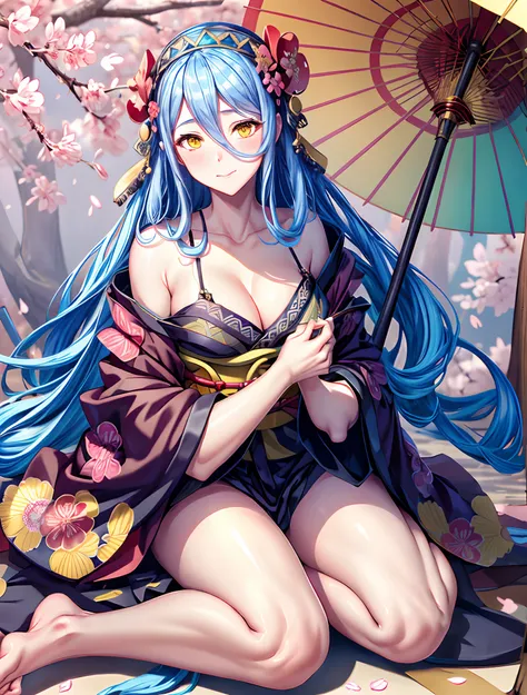 1girl, highres, masterpiece, solo, anime, absurdres, yellow eyes, azura (fire emblem), wariza, kimono, japanese clothes, oil-paper umbrella, sakura forest background, cherry blossoms,  slipping kimono, bare shoulders, revealing clothes, cleavage, facing vi...