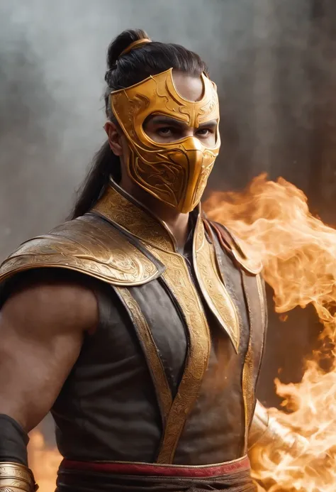 A cinematic marvel: Mortal Kombats Scorpio Emerges in Ultra Hyper-Realistic Glory in Unreal Engine 5, adornado em um resplandecente traje moderno real que brilha com intrincados fios dourados e tecidos texturizados luxuosos. Seus olhos brilham como fogo, c...