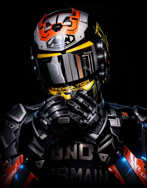 Handsome full-body black mech Cyber handsome warrior，Information mechanical motorcycle，High-tech black full enveloping helmet，Nousr， Biomechanicals， MSHN Robot Man，High-tech helmet，hyper realisitc， Steel， Complex design， insanely details， finely detailled，...