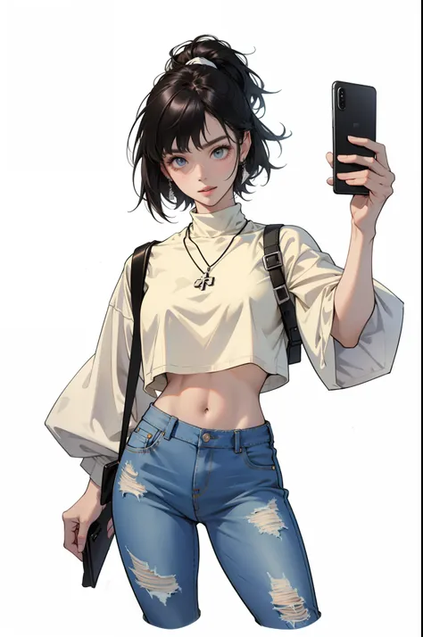 Woman in crop top holding a mobile phone, she is holding a smartphone, wearing casual cloths, checking her phone, checking her phone, wearing sexy cropped top, selfie of a young woman, wearing casual cloths, wearing a cropped top, wearing a cropped top, we...