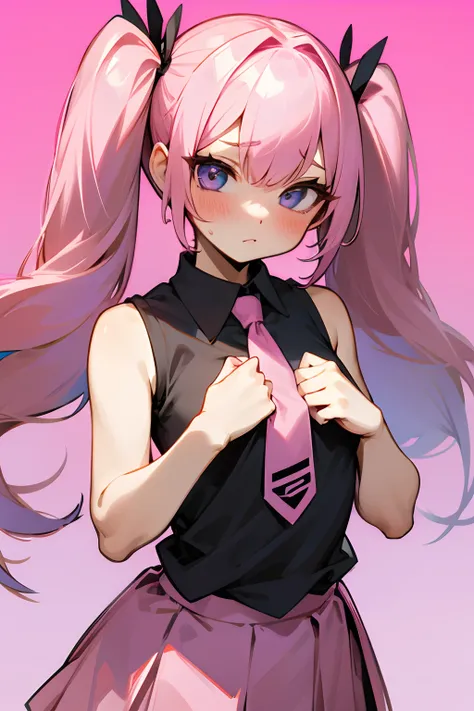 woman、Pink hair、Huge twintails、Black sleeveless shirt、Pink tie、Pink skirt、blushing、tiny chest