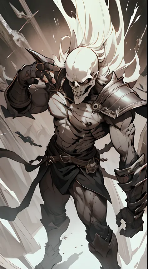 Create me a cool skeleton warrior to play DnD. It has to be scary and powerful, With Bone Armor and Weapons, that look like shards of death. Let his black eye sockets radiate menace., And his bony fingers hold the instrument of death. Let his footsteps be ...