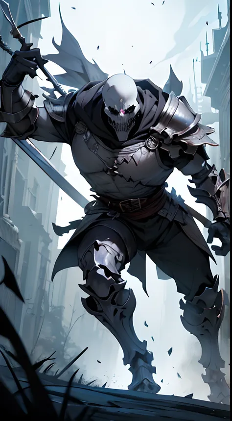 Create me a cool skeleton warrior to play DnD. It has to be scary and powerful, With Bone Armor and Weapons, that look like shards of death. Let his black eye sockets radiate menace., And his bony fingers hold the instrument of death. Let his footsteps be ...