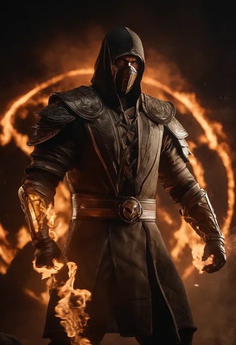 A cinematic marvel: Mortal Kombats Scorpio Emerges in Ultra Hyper-Realistic Glory in Unreal Engine 5, adornado em um resplandecente traje moderno real que brilha com intrincados fios dourados e tecidos texturizados luxuosos. Seus olhos brilham como fogo, c...